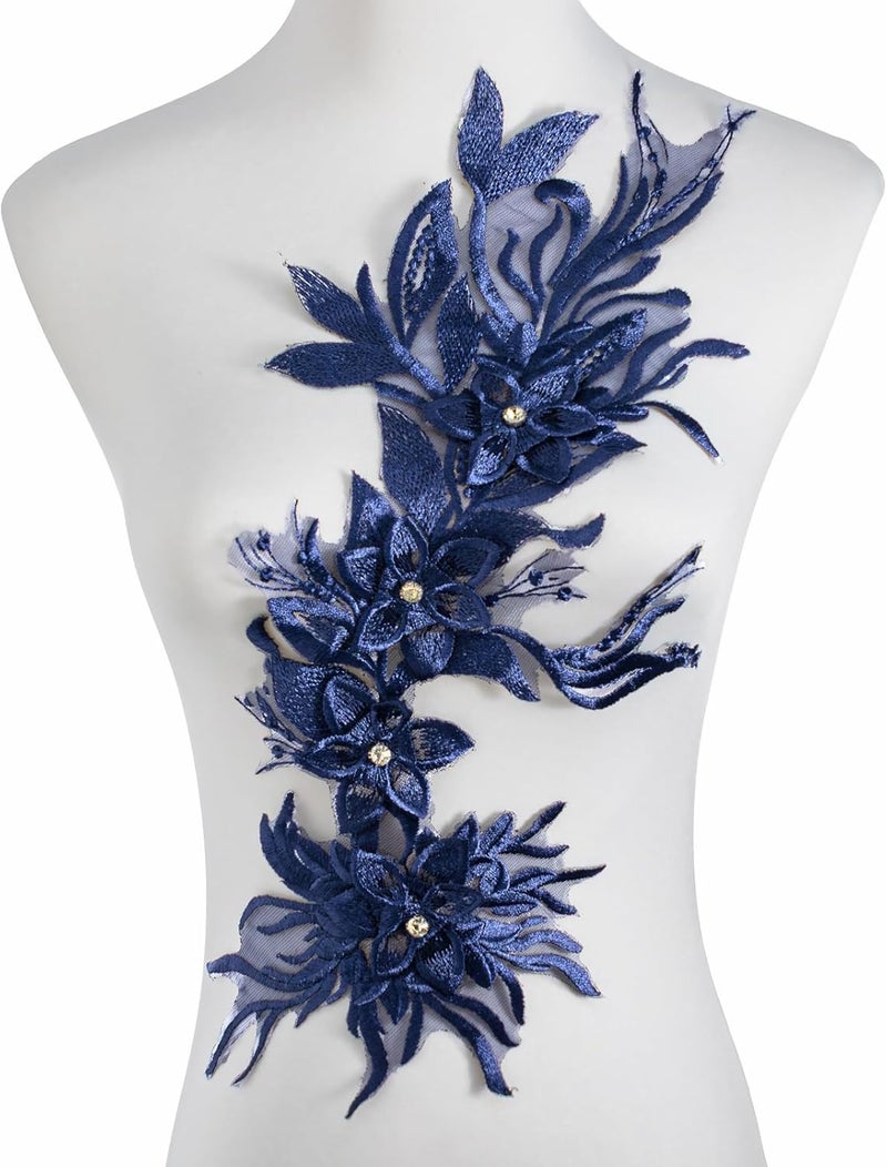 Silvora Phoenix Peacock Feather Tail Fabric Beaded Lace Applique,3D Embroidered Flower Fabric Patch for Bridal Dress, Handmade Sewing Tool for Wedding DIY Crafts(Navy Blue) - Image 1